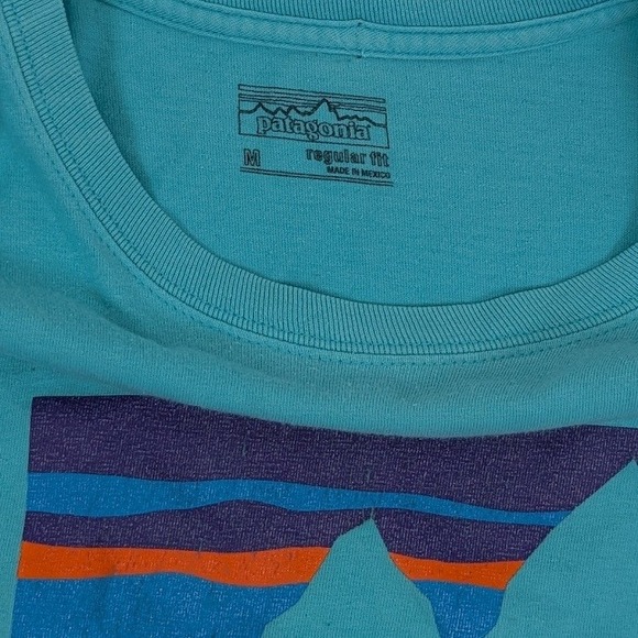Patagonia Shop Sticker Long Sleeve Tee Mens Medium Turquoise Organic Cotton - Picture 5 of 9